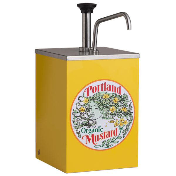 Portland Organic Yellow Mustard Stainless Steel Pump 1 gallon dispenser with Portland Organic Yellow Mustard Label on the front, restaurant supply, non GMO, Dairy Free, Gluten Free, condiments