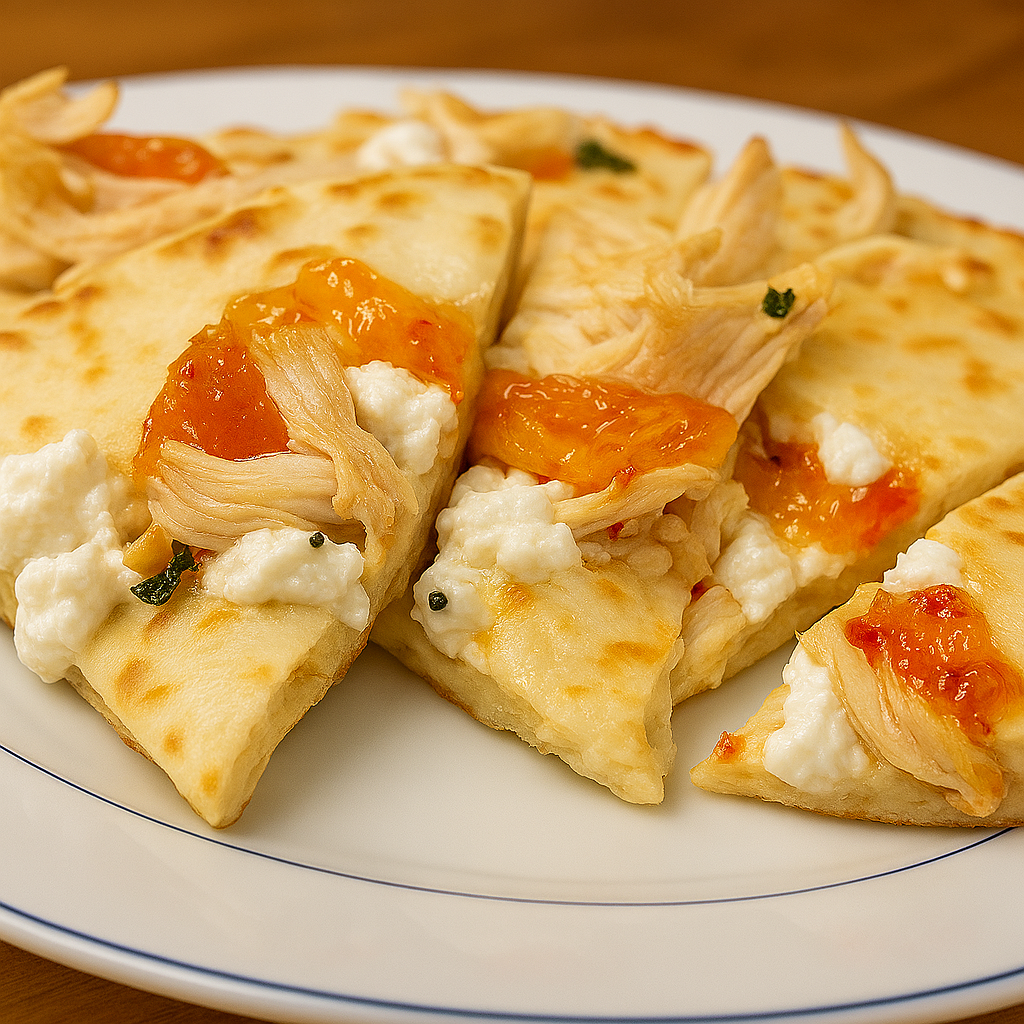 CHICKEN, FETA, AND PEPPER JELLY NAAN PIZZAS