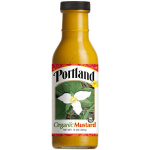 Single bottle of Portland Organic Yellow Mustard, dairy free, gluten free, vegan, non GMO organic condiment