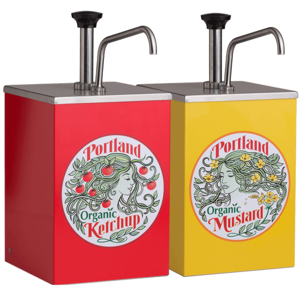 Portland Organic Yellow Mustard and Ketchup Stainless Steel Pump 1 gallon dispenser with Portland Organic Label on the front, restaurant supply, non GMO, Dairy Free, Gluten Free, condiments