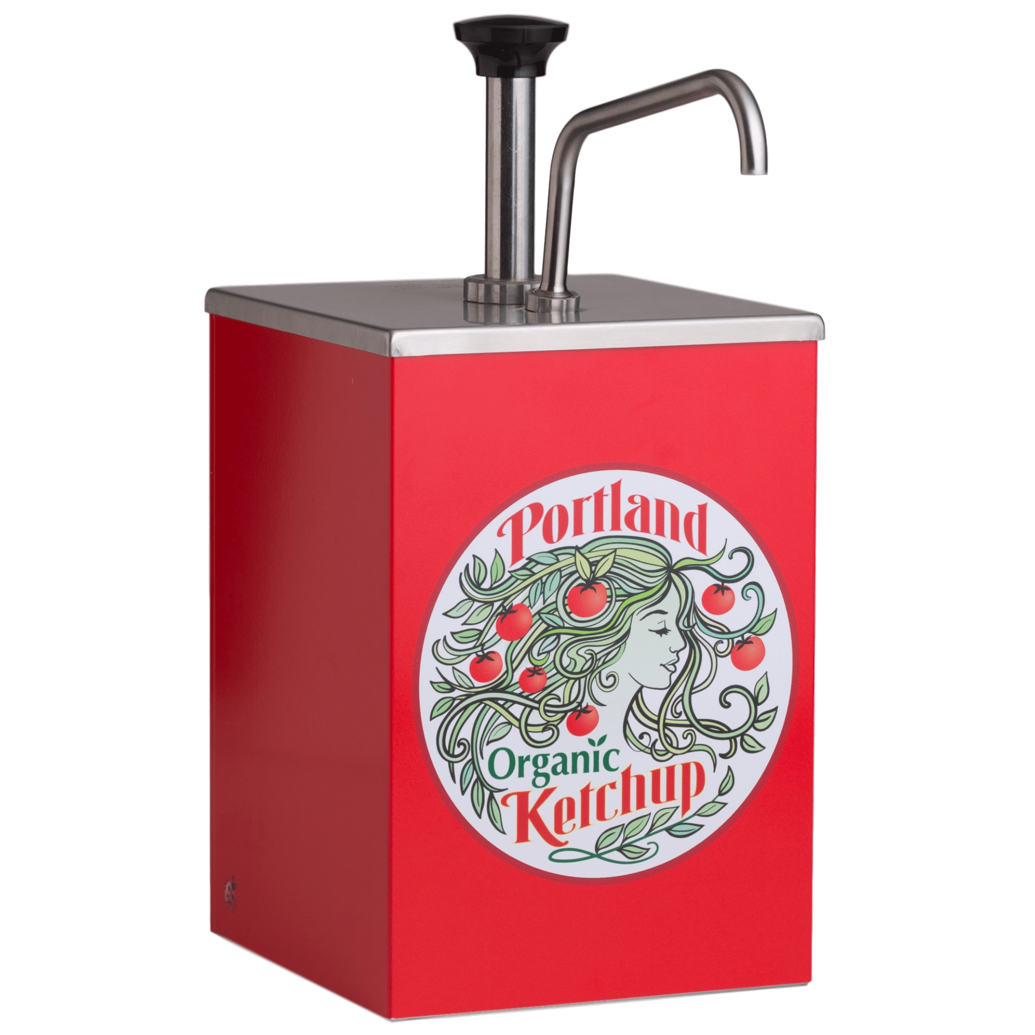 Portland Organic Ketchup Stainless Steel Pump 1 gallon dispenser with Portland Organic Ketchup Label on the front, restaurant supply, non GMO, Dairy Free, Gluten Free, condiments