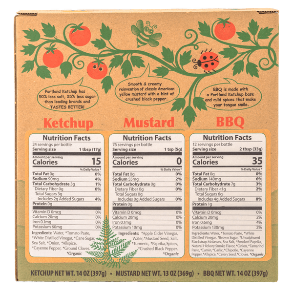 Nutrition information for Portlandia Foods picnic gift pack, including ketchup, mustard and BBQ