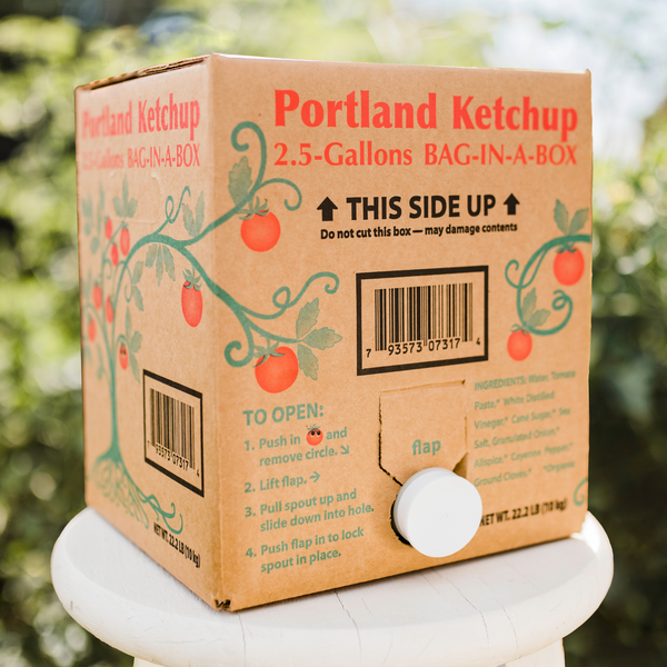 Box of Portland Organic Ketchup 2.5 Gallon Bag in a Box with spigot, gluten free, dairy free condiment